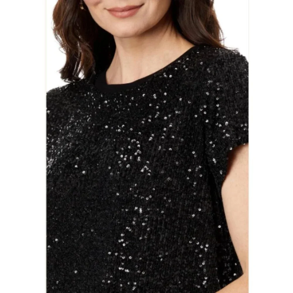 Elliot Lauren Black Sequin Short Sleeve Top Women's Size Medium - Picture 4 of 11
